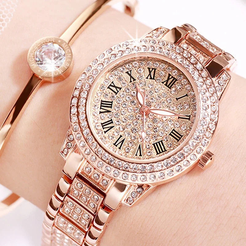 Relógio Feminino de Quartzo com Diamante Brilhante, Pulseira em Ouro Rosa, Cristais Incrustados - Marca de Luxo para Moda Casual