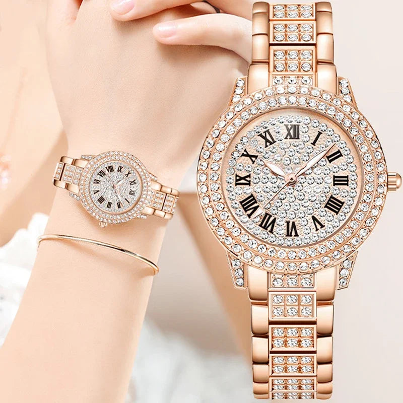 Relógio Feminino de Quartzo com Diamante Brilhante, Pulseira em Ouro Rosa, Cristais Incrustados - Marca de Luxo para Moda Casual